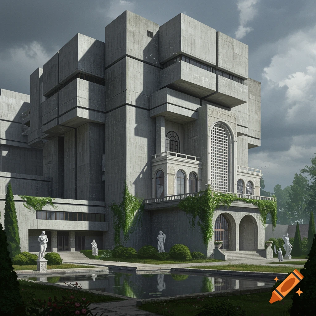 A grand brutalist concrete building with classical features, surrounded by a courtyard with a pond and statues under a cloudy sky.