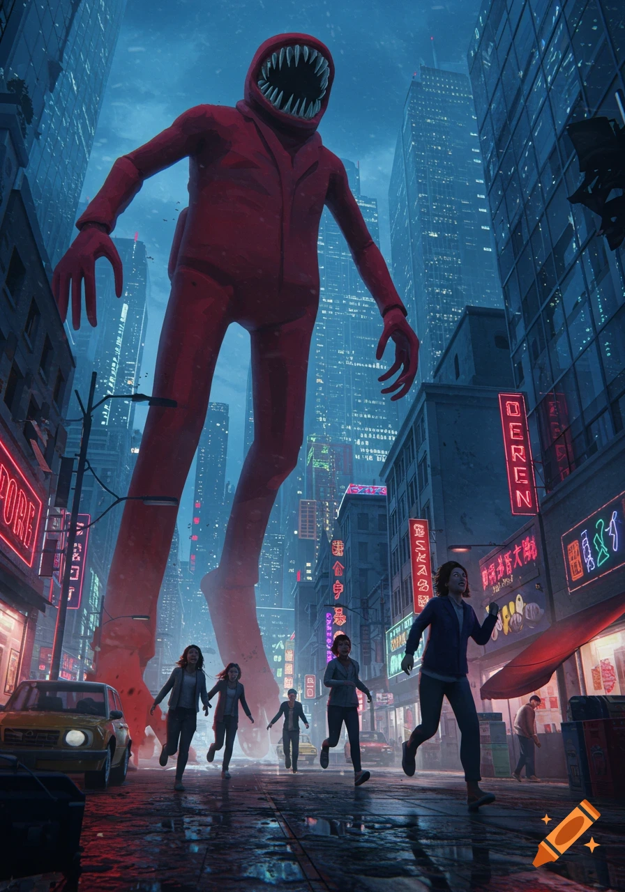 A giant, red, toothy monster resembling an Among Us impostor towers over a futuristic city as terrified people run away on a wet street at night.
