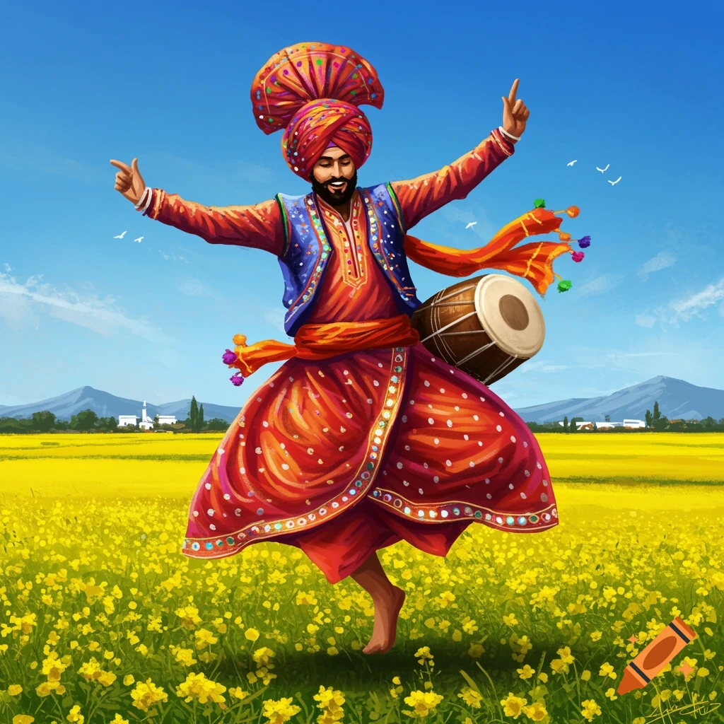 A joyful man in colorful traditional Punjabi attire dances with a dhol drum in a vibrant yellow mustard field under a blue sky. Illustration.
