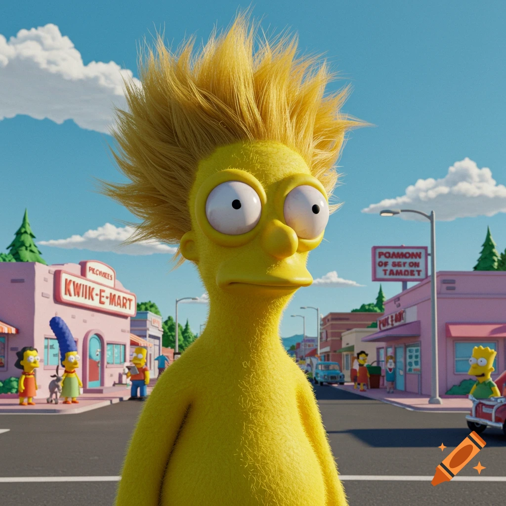 A stylized, furry yellow Graggle Simpson with spiky hair stands in a 3D animated street scene, with a pink Kwik-E-Mart in the background.