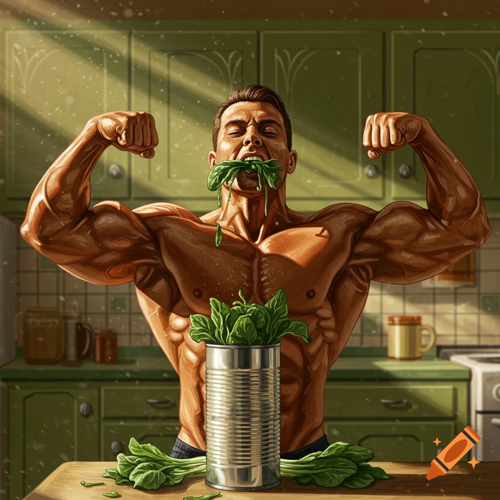A muscular bodybuilder in a kitchen flexes while vigorously eating spinach from a metal can, illustrated style.