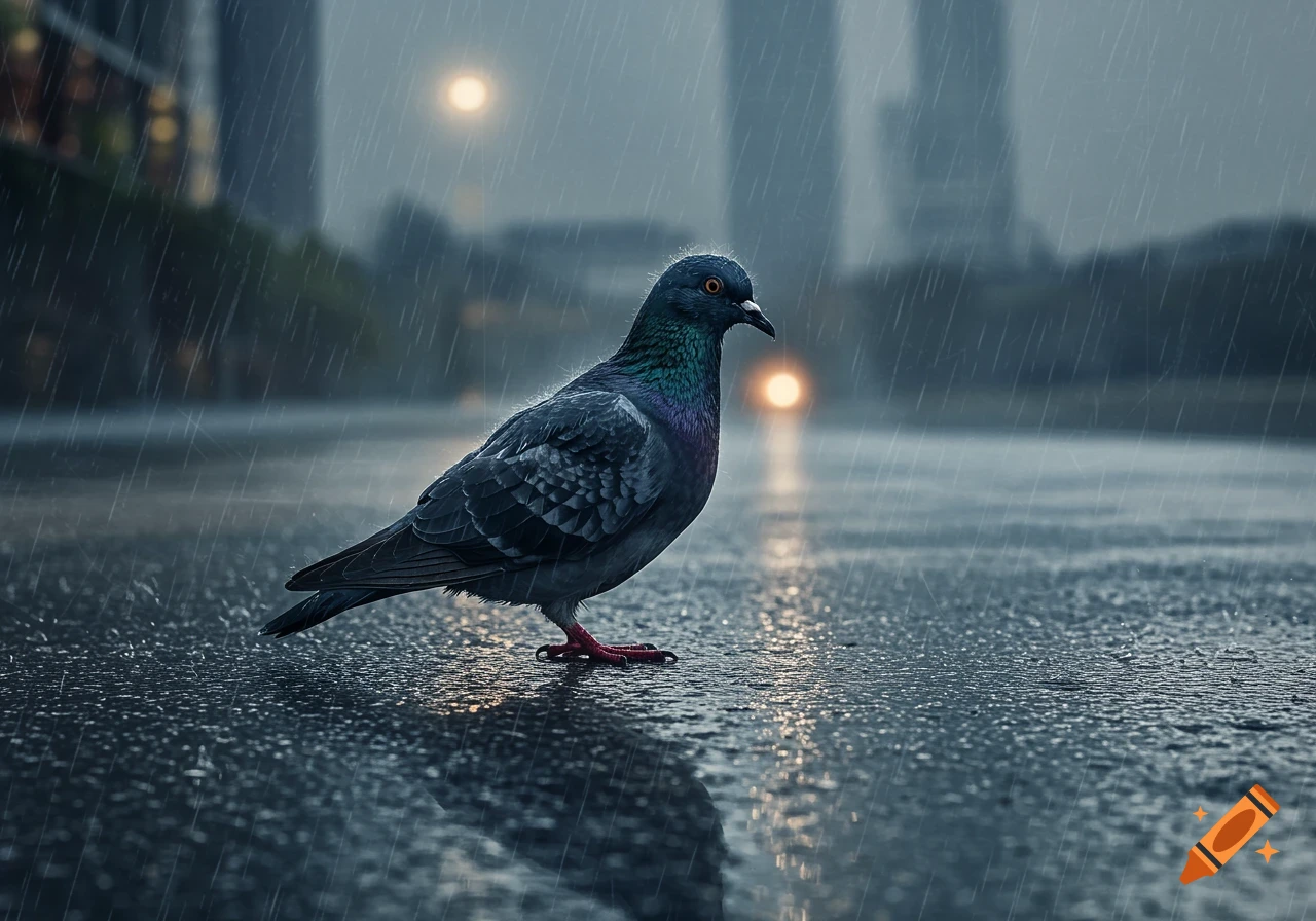 A dark pigeon stands on a wet city street in heavy rain, with blurry city lights in the background in a photorealistic style.