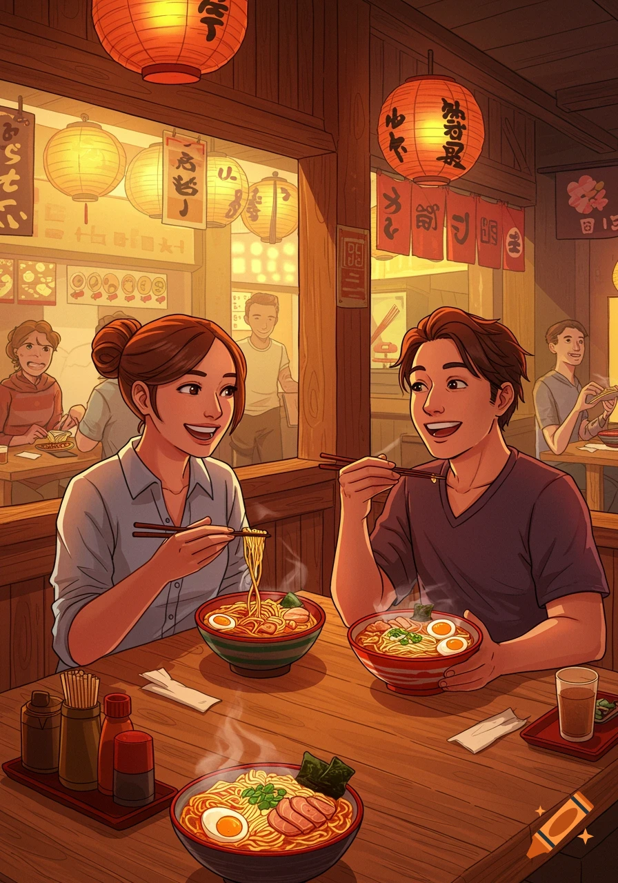 An anime-style illustration of a man and woman eating ramen together at a Japanese restaurant, smiling. Other patrons are visible in the background.