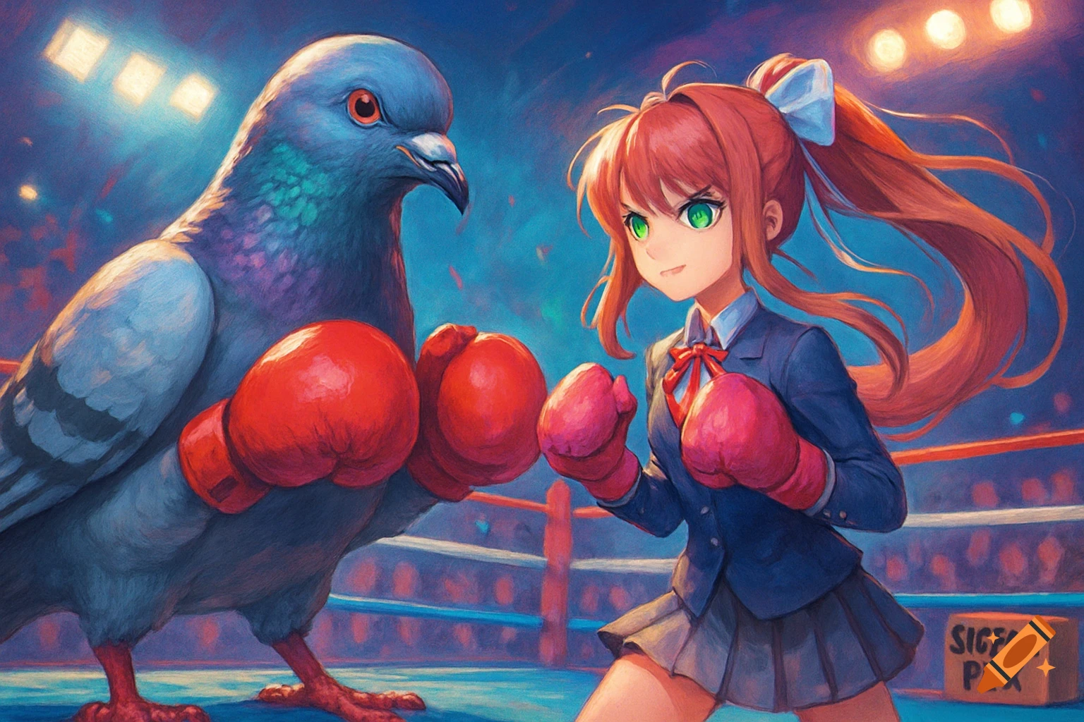 A large pigeon and an anime girl with red hair in a boxing ring, both wearing red boxing gloves. Illustrative style.