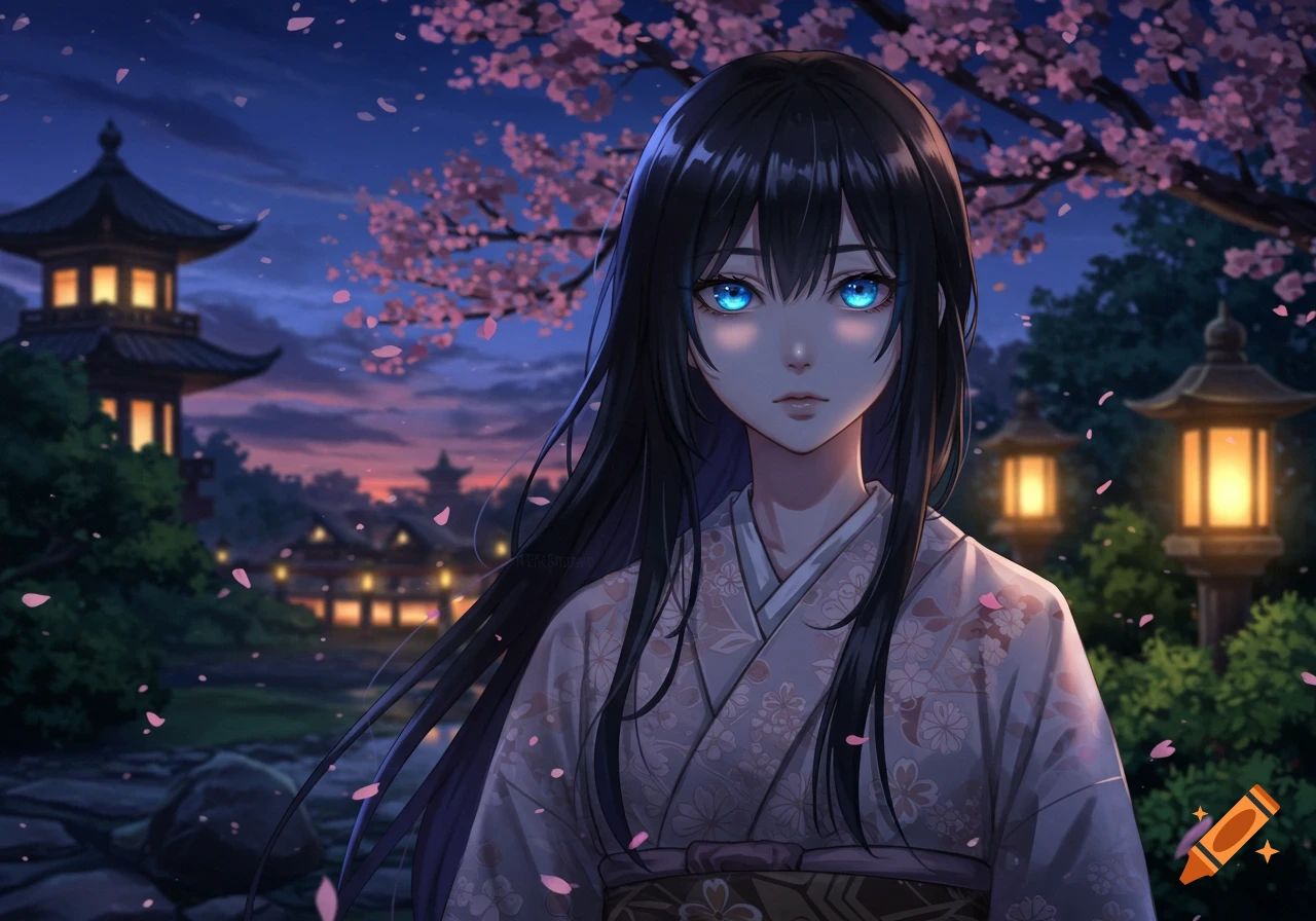 Anime girl with black hair and glowing blue eyes in a kimono, among cherry blossoms and Japanese buildings at dusk.