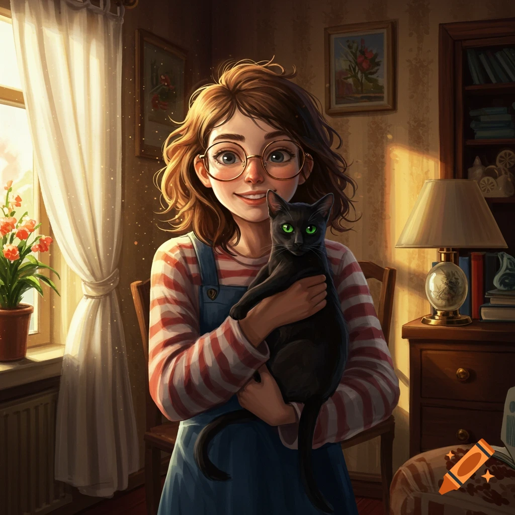 A smiling girl with glasses holds a black cat with green eyes in a sunlit, cozy room, rendered in an illustration style.
