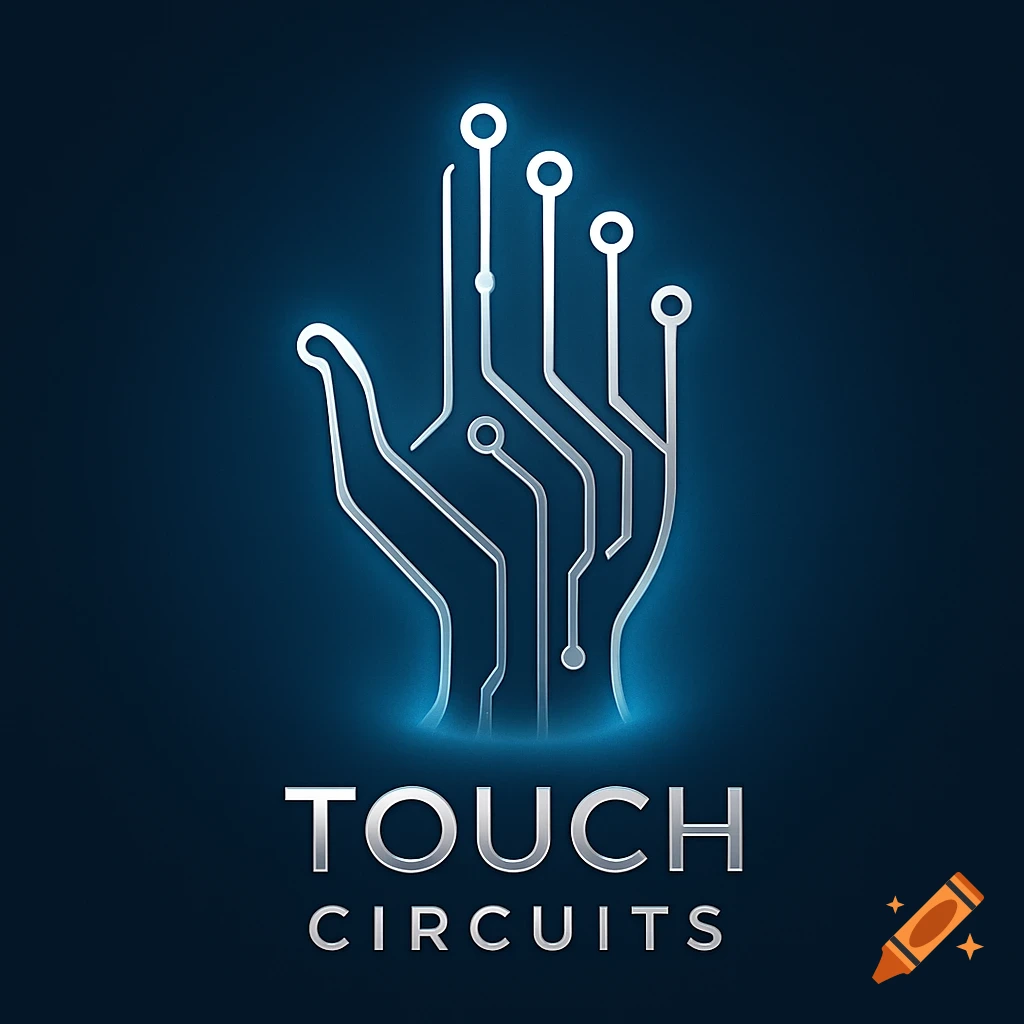 A digital logo featuring a stylized hand formed by glowing silver circuit lines, with the words 'TOUCH CIRCUITS' below.