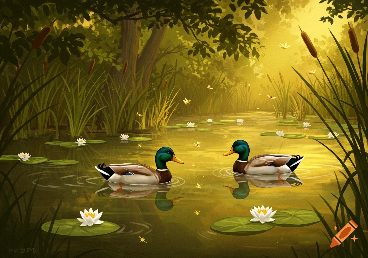 Two mallard ducks swim in a golden, swampy pond with water lilies and tall reeds, in a painterly style.