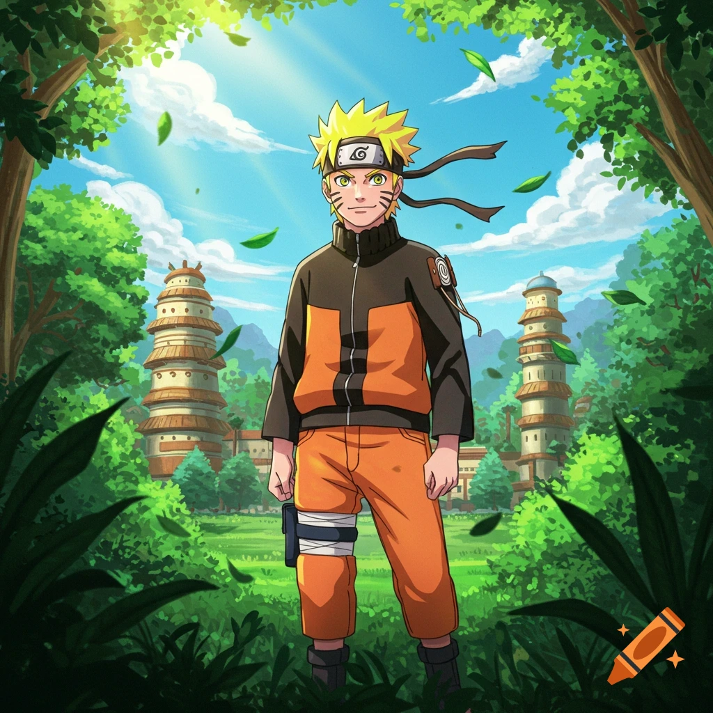 Naruto Uzumaki stands in a vibrant green forest with traditional pagodas in the background, illustrated in an anime style.