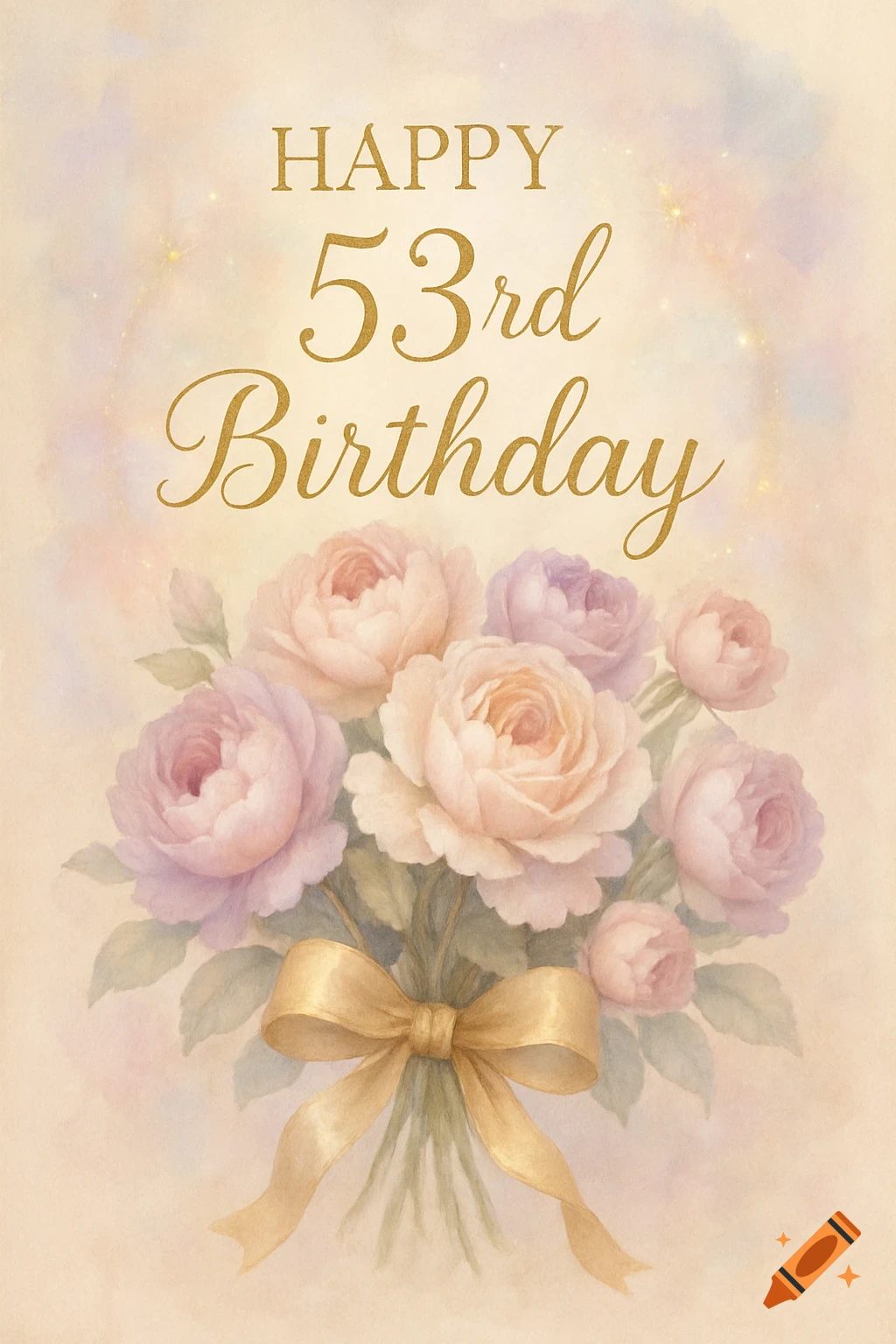 A soft watercolor birthday card with the text "HAPPY 53rd Birthday" above a bouquet of pastel roses tied with a gold ribbon.