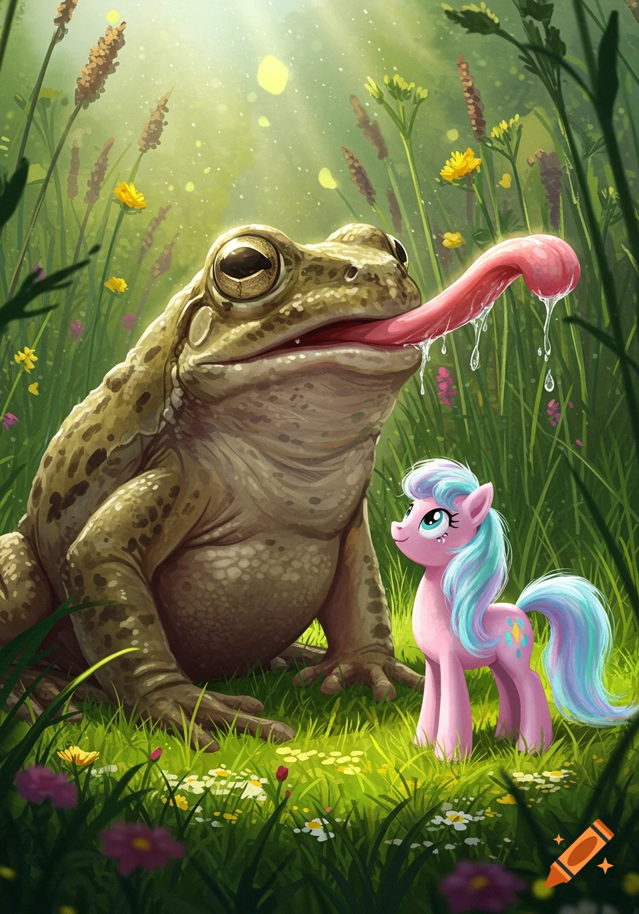 A large, warty green toad with a long, pink, slobbering tongue extended towards a small, pink pony with a blue and purple mane, both standing in a lush, sunlit green field filled with wildflowers.