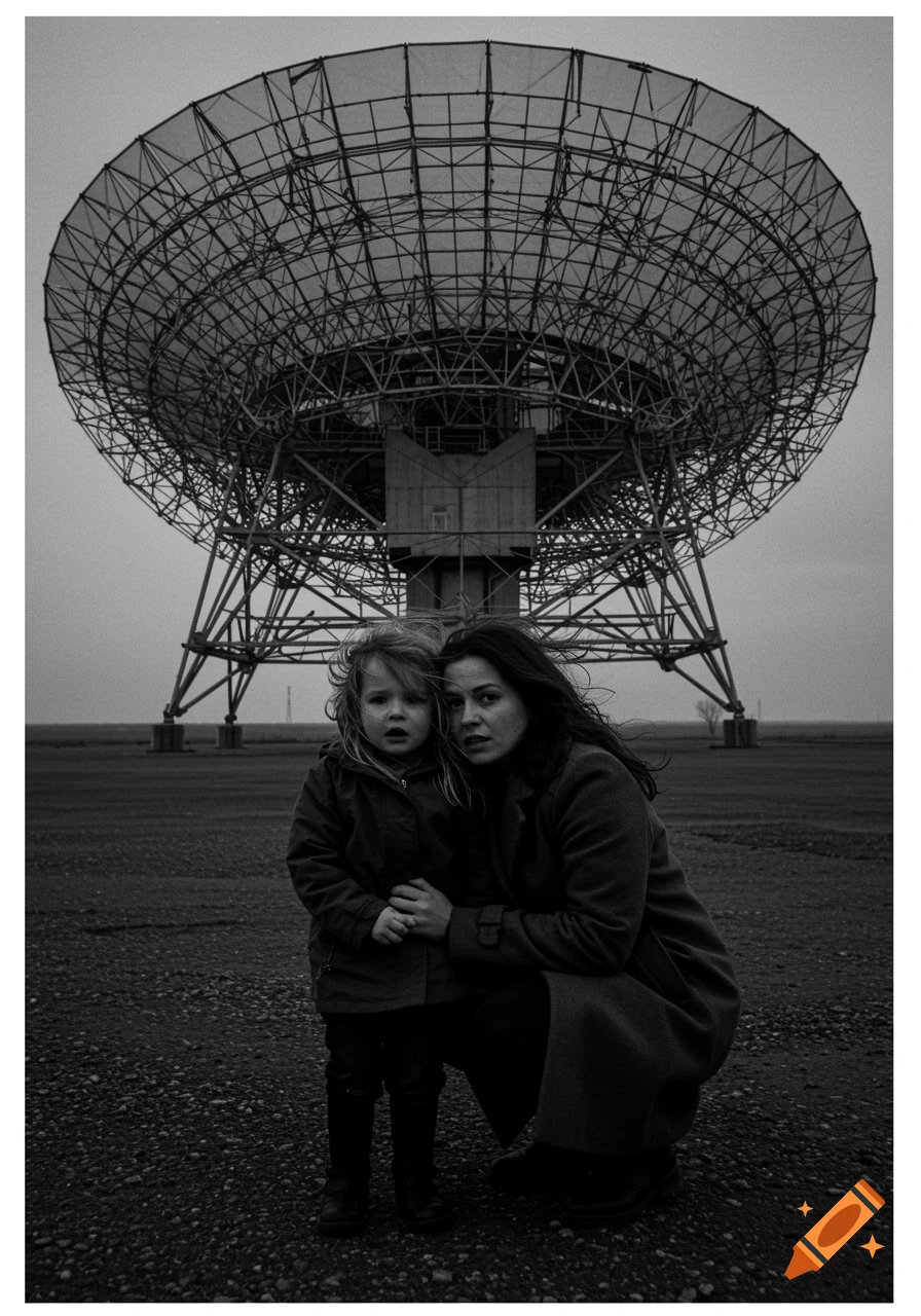 Black and white photo of a mother and her young daughter in front of a giant parabolic antenna.