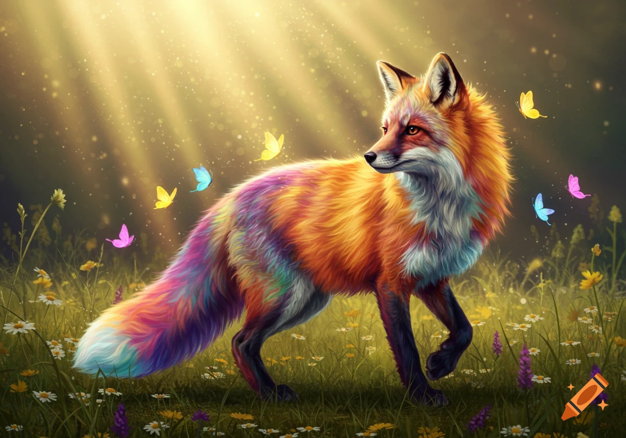 A vibrant rainbow-colored fox walks through a sunlit meadow among wildflowers and colorful butterflies, in a fantasy art style.