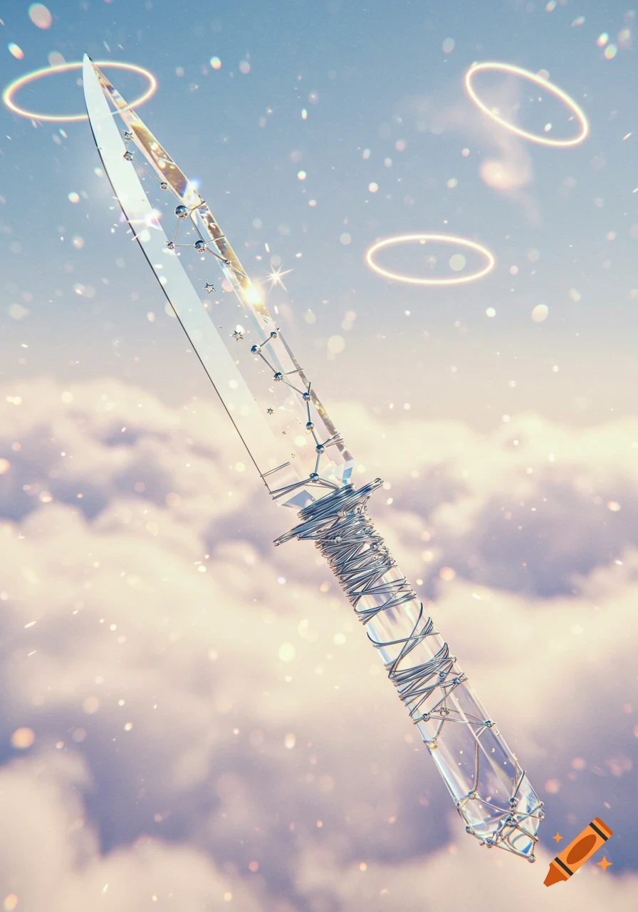 A shimmering crystal knife with silver wire wrapping floats in an ethereal sky with soft clouds, sparkles, and glowing golden rings.