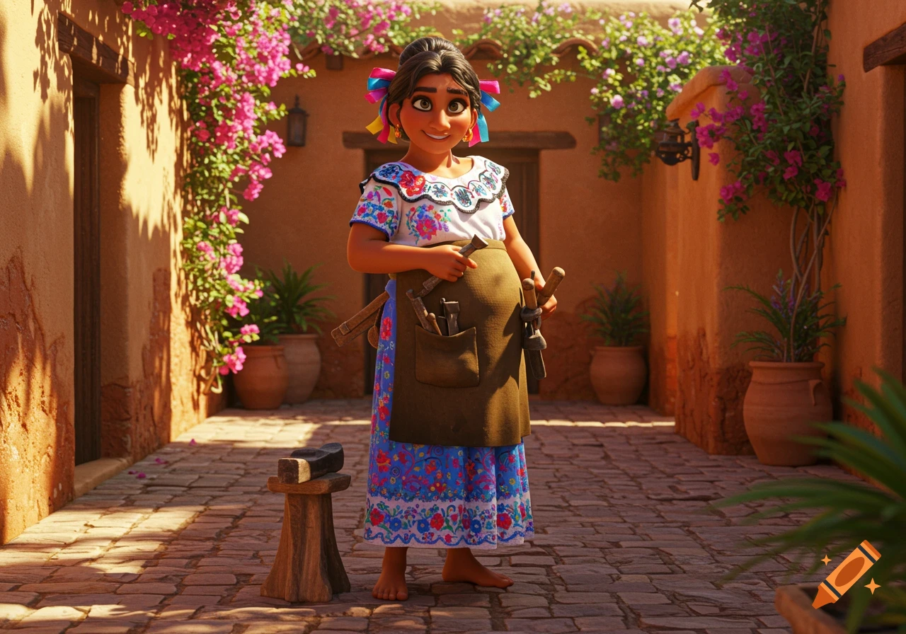 A smiling, pregnant woman in a Pixar style, wearing an embroidered dress and apron with shoemaker tools, in a sunlit courtyard.