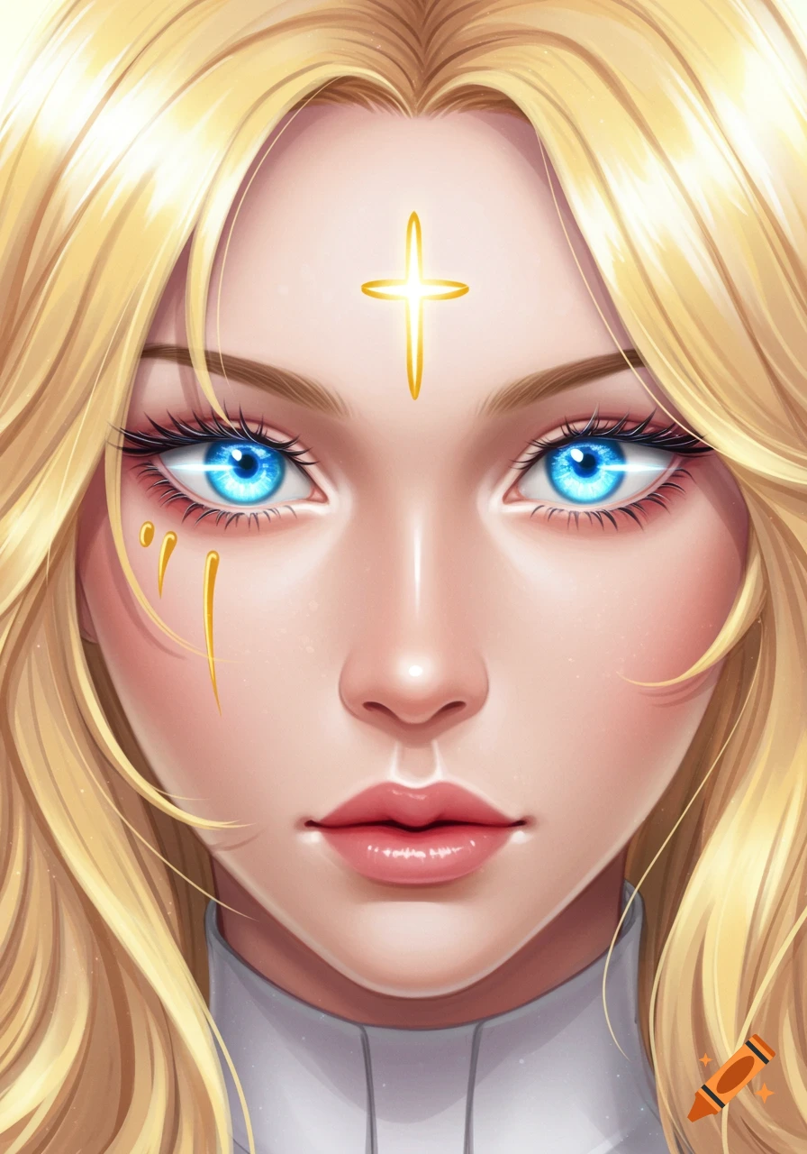 Close-up anime portrait of a blonde female priestess with glowing blue eyes, a golden cross on her forehead, and golden markings under her eye.