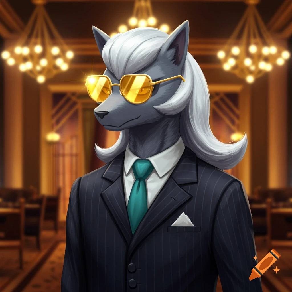 A dapper anthropomorphic wolf-like creature (Hisuian Zoroark) in a pinstripe suit, teal tie, and golden aviator sunglasses stands in a ballroom.
