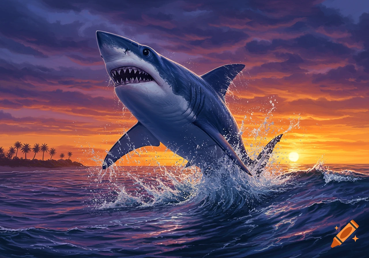 A great white shark leaps dramatically out of the ocean, creating a large splash, against a vibrant sunset sky with an island in the background.