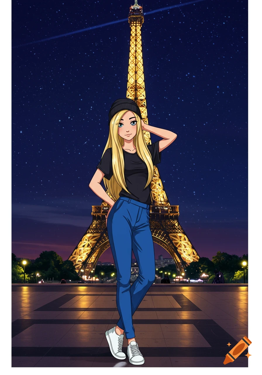 A blonde woman in a black beanie, black shirt, blue pants, and white sneakers poses in front of the illuminated Eiffel Tower at night, in anime style.
