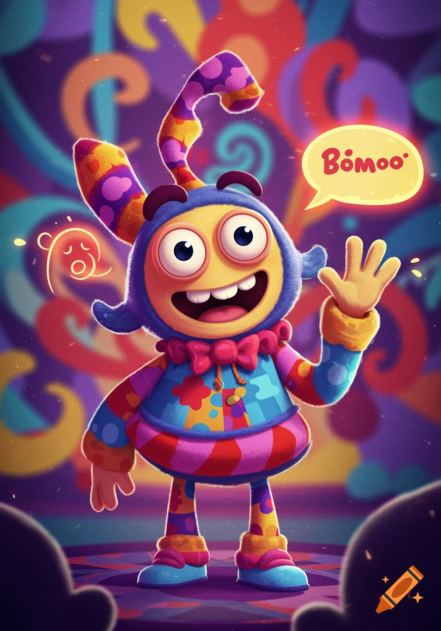 A cheerful, colorful cartoon monster with big eyes and a wide smile waves, standing in a vibrant, whimsical setting, saying 'BÖMOO'.