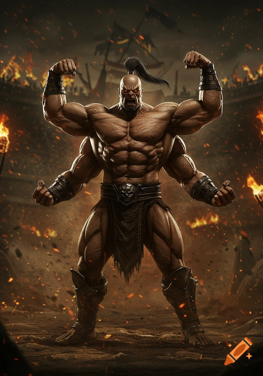 Goro from Mortal Kombat, a muscular four-armed character, flexing in a fiery arena. Photorealistic style.