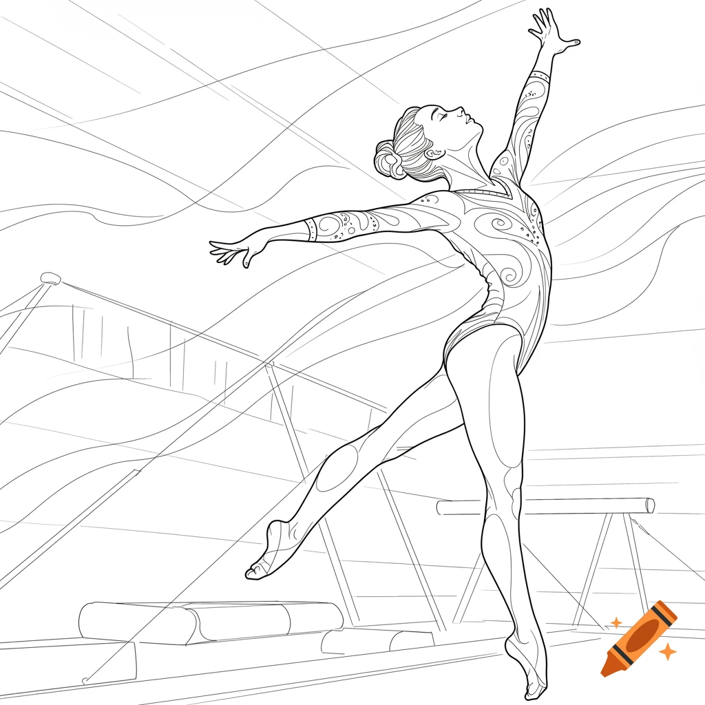 Line art of a female gymnast in a leotard performing a pose, with abstract background lines and equipment.