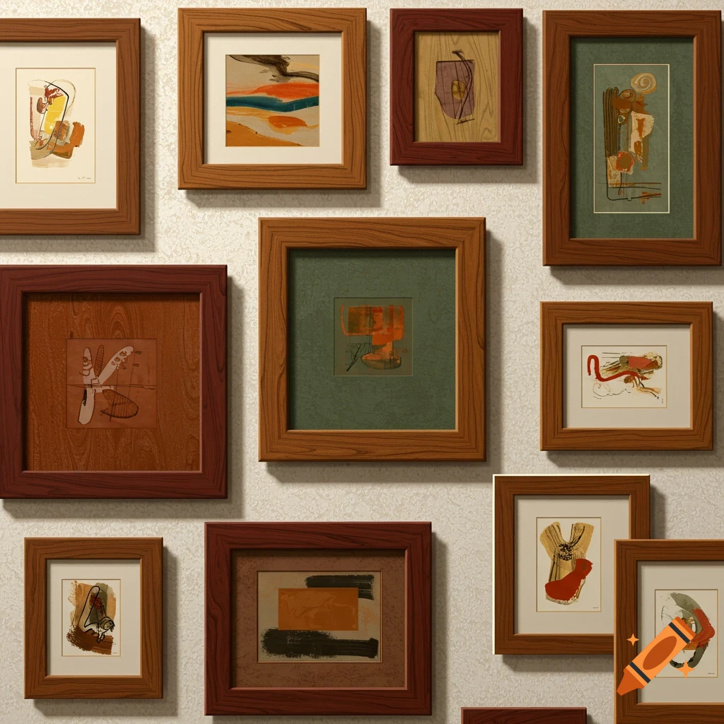 A gallery wall featuring multiple framed abstract paintings in various sizes and wooden frames on a light-colored textured wall.