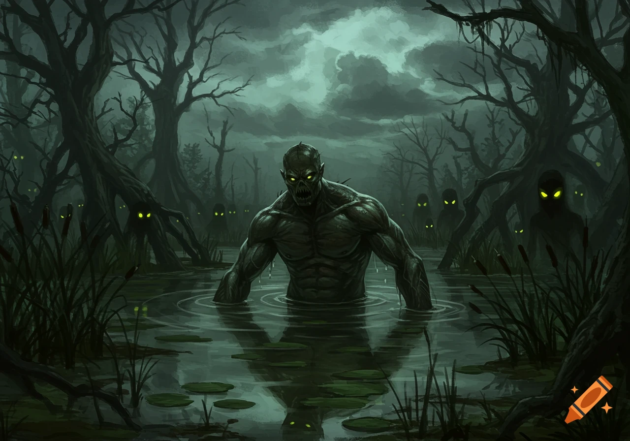 A menacing green monster emerges from a dark, misty swamp, surrounded by shadowy figures with glowing yellow eyes.
