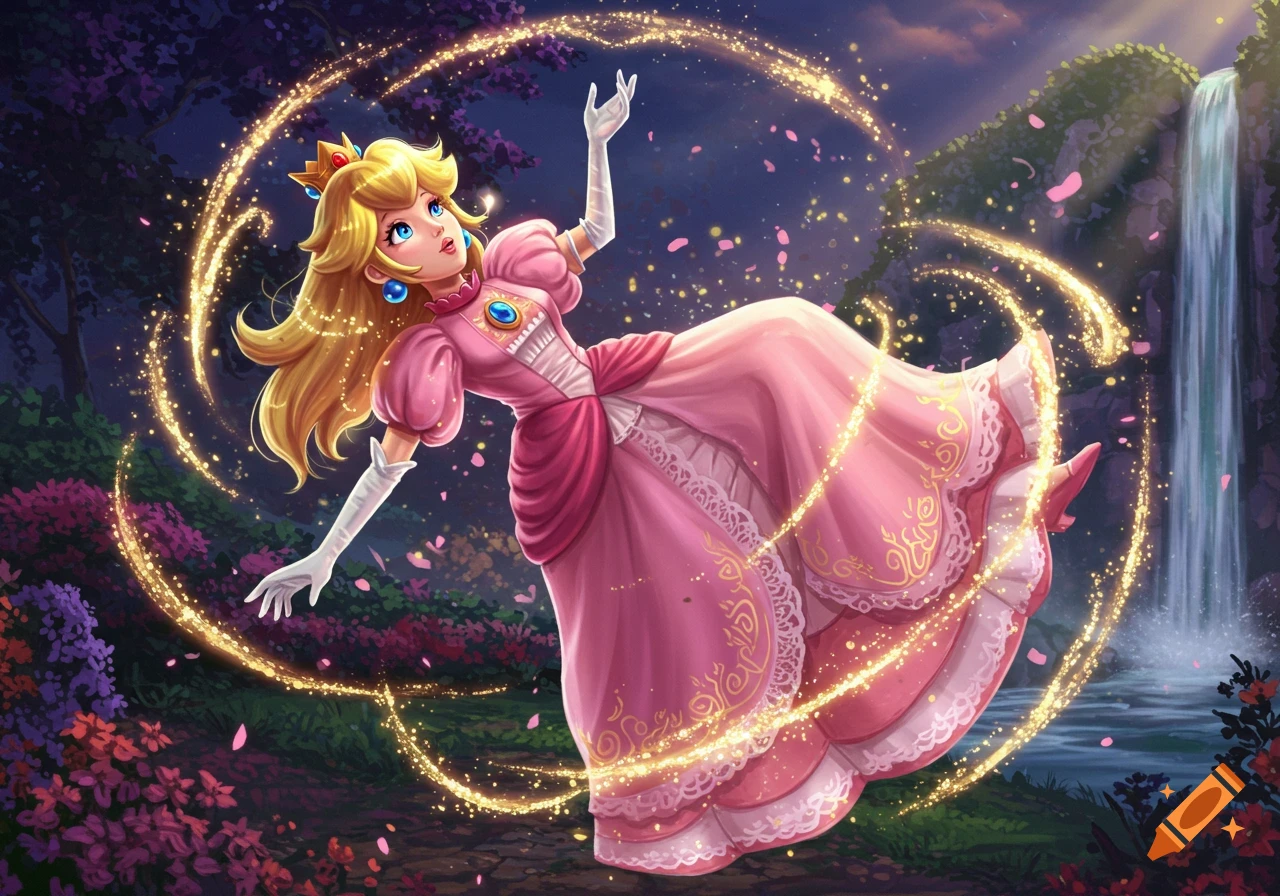Princess Peach floats in an enchanted forest at night, surrounded by golden magical sparkles and falling petals, with a waterfall in the background.