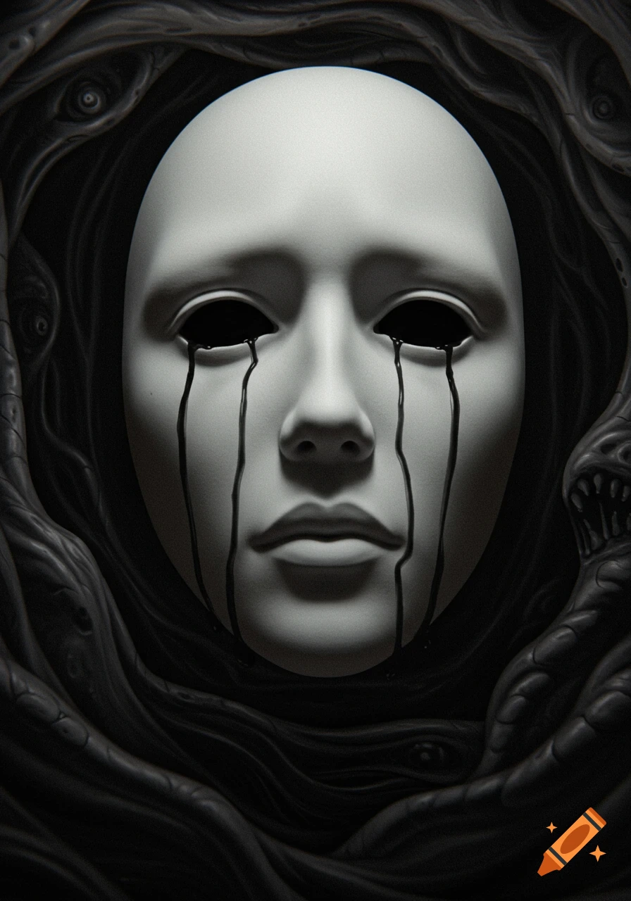 A high-contrast surreal horror portrait of a white mask-like face with black tears, surrounded by dark, twisted forms.