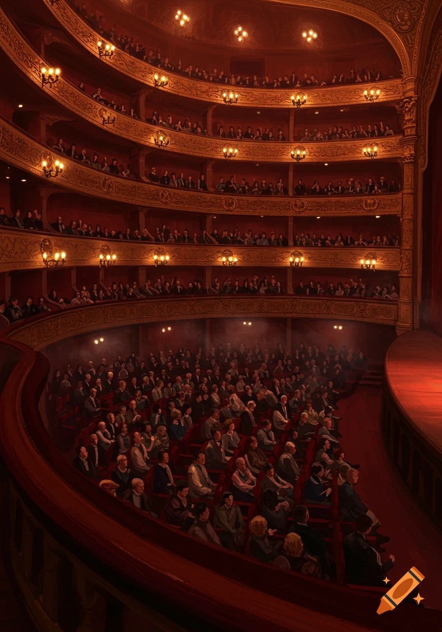 A grand, dark opera house with an audience filling ornate balconies and floor seats, viewed from the stage.