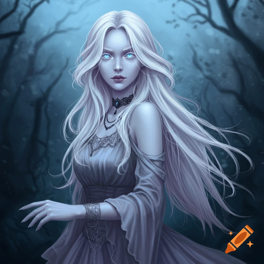 A ghostly woman with glowing blue eyes and long white hair, wearing a gothic dress with cobweb details, stands in a dark forest.