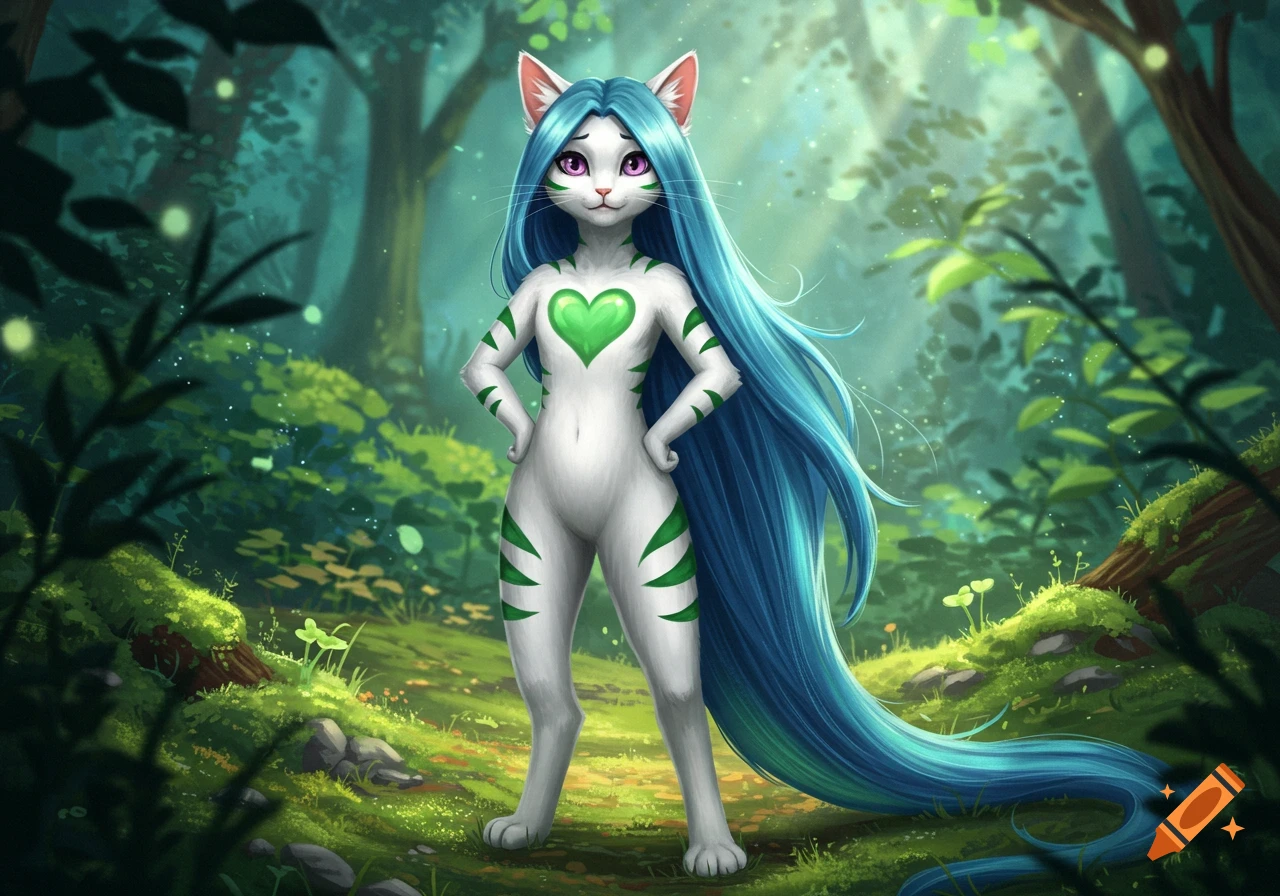 A stylized illustration of a white cat-like creature with a green heart, green stripes, and long blue hair, standing in a lush forest.