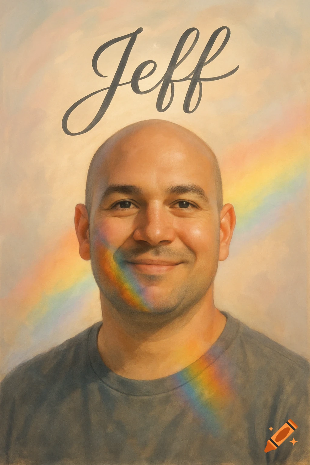 A smiling bald man with a rainbow stripe across his face and chest, with the name 'Jeff' written above his head in cursive. Digital painting.