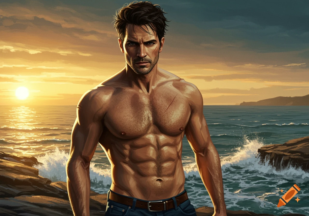 A muscular man with dark hair and eyes, a rugged look, and a scar on his eyebrow stands shirtless by the ocean at sunset.