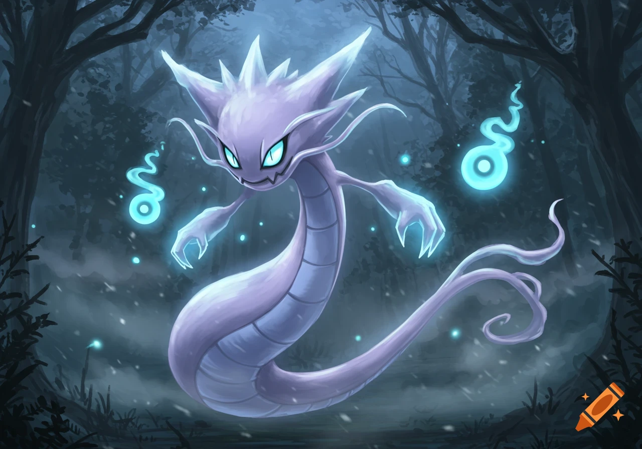 A light purple, serpentine ghost creature with glowing blue eyes and hands floats in a dark, misty forest, with glowing blue wisps.