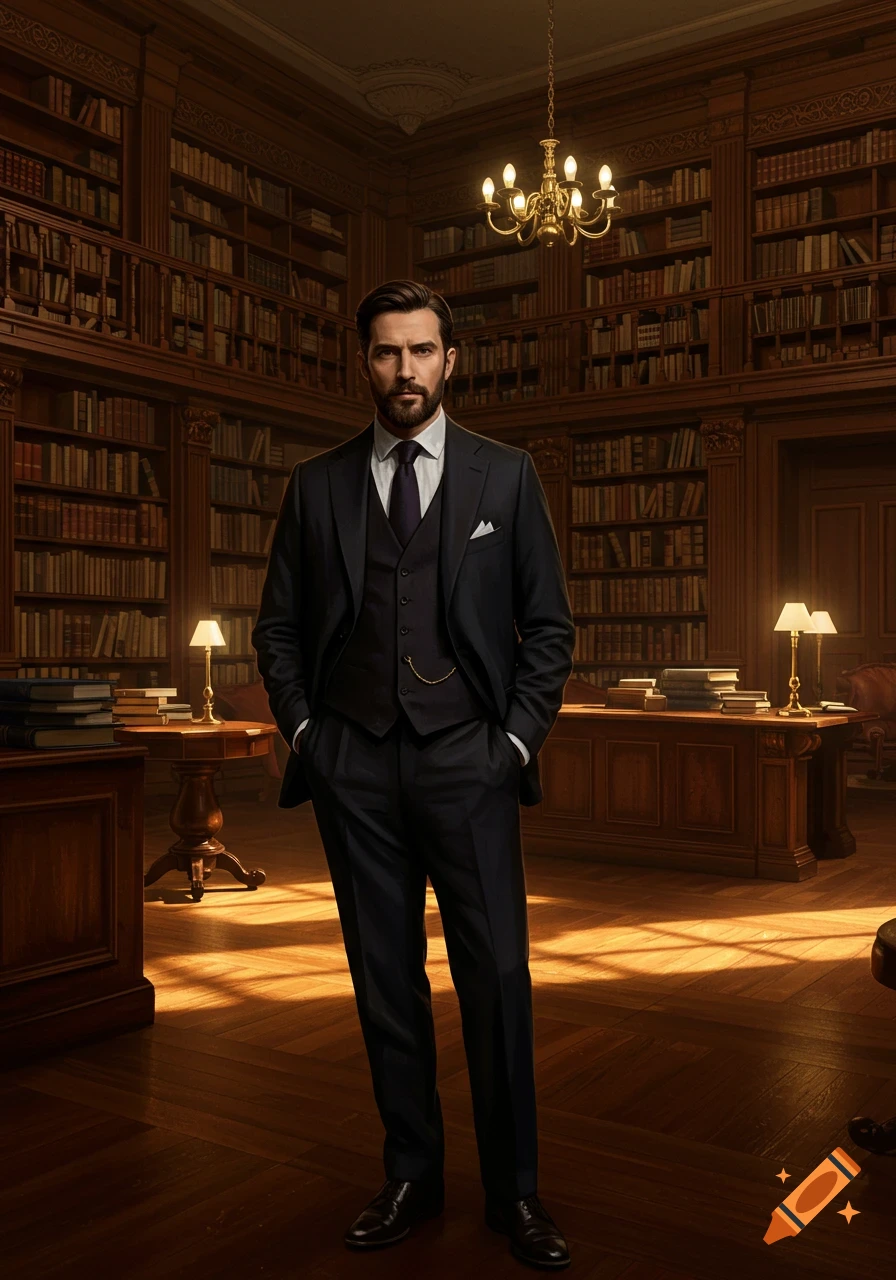 A photorealistic image of a bearded man in a dark suit standing confidently in a grand, warmly lit wooden library.