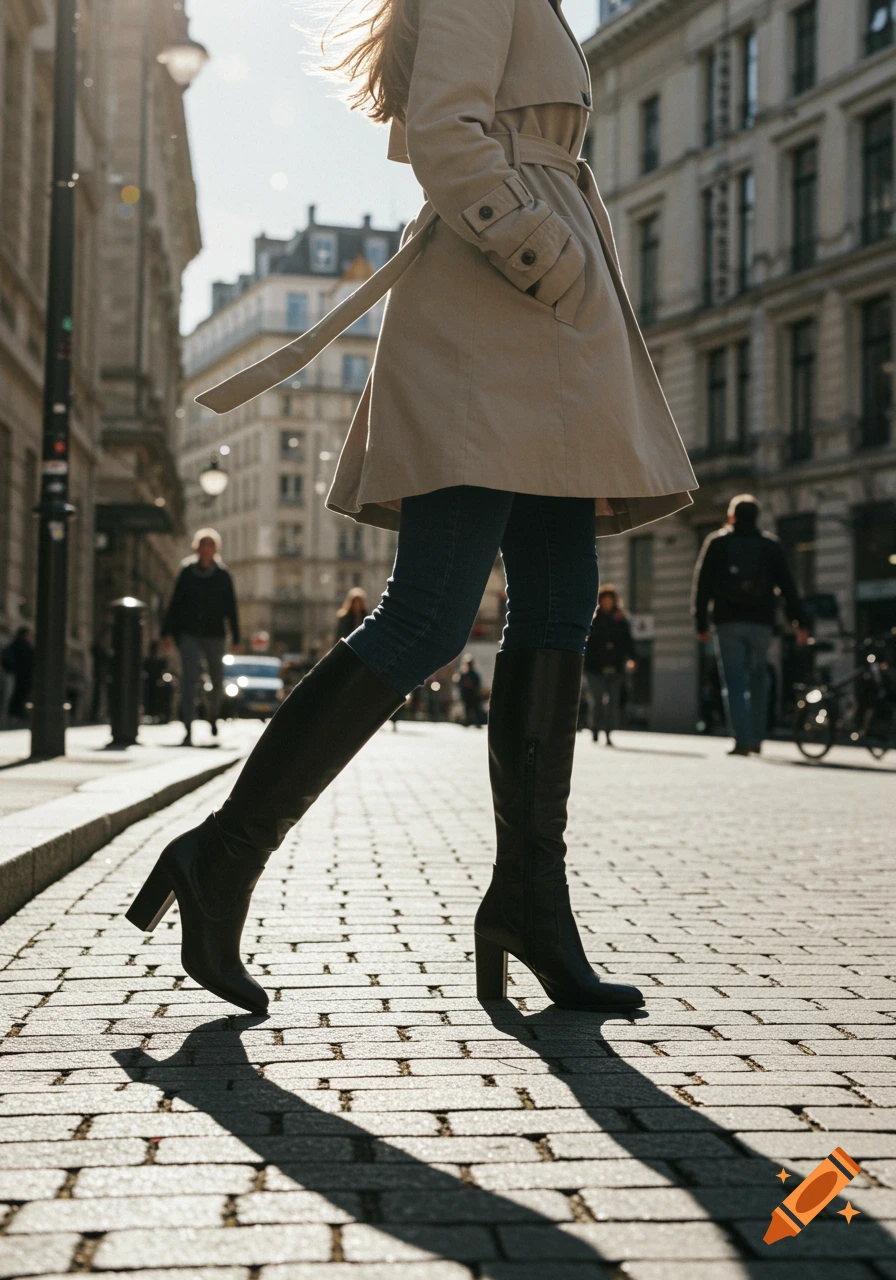 A woman in a beige trench coat, blue jeans, and black heeled knee-high boots walks on a cobblestone street with long shadows in a city.