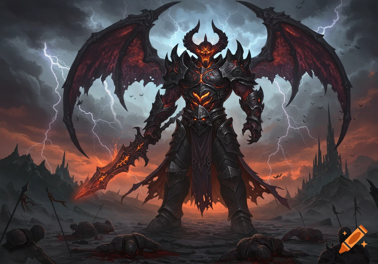 A large, demonic warrior in dark, glowing armor with wings stands amidst fallen foes, holding a flaming sword under a stormy, lightning-filled sky with a dark castle in the background.