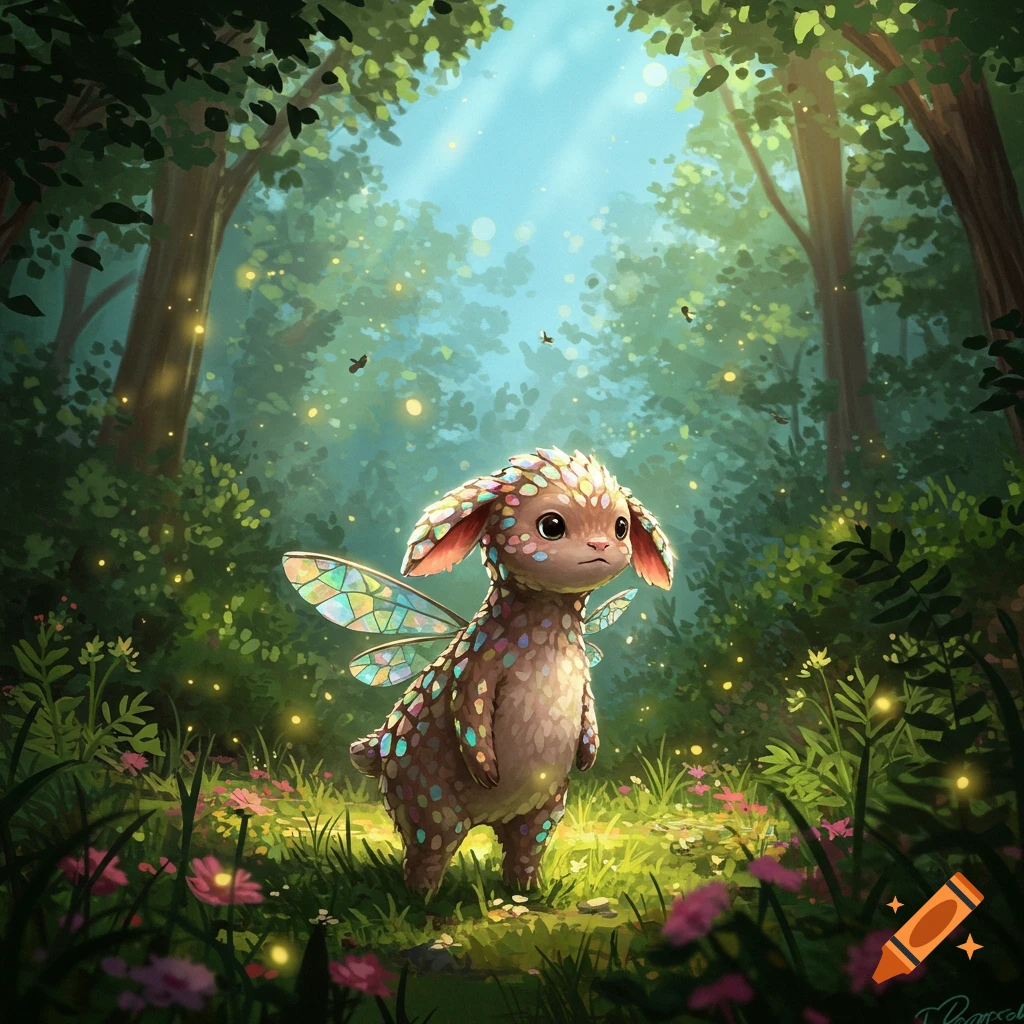 A small, adorable creature with large ears and colorful, stained-glass-like wings stands in a sunlit magical forest.