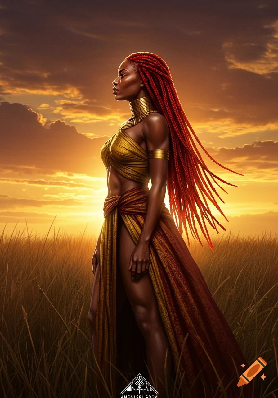 A powerful dark-skinned woman with long red braids and gold attire stands in a field at sunset.