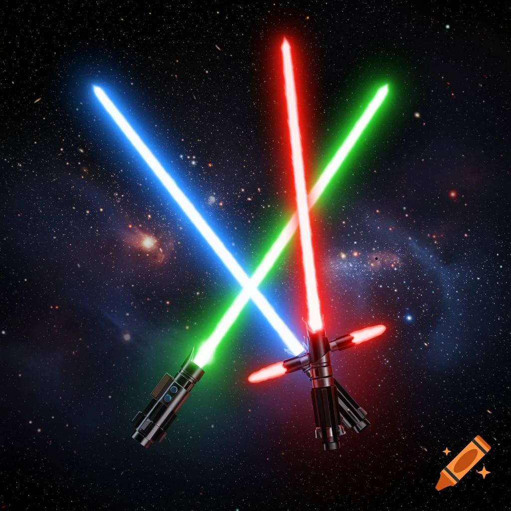 Blue, green, and red lightsabers crossing against a starry galaxy background.