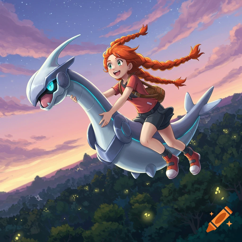 A red-haired girl with braids smiles while riding a white dragon-like creature, flying over a forest at sunset in an anime style.