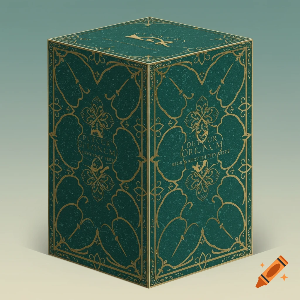 A teal cubic box adorned with intricate gold ornate patterns and illegible text on its surfaces.