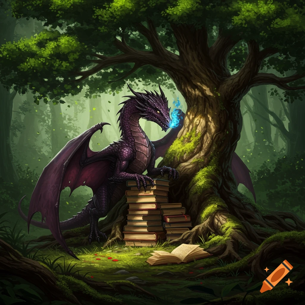 A purple and black dragon breathing blue fire, perched next to a stack of books under an ancient mossy tree in a forest.