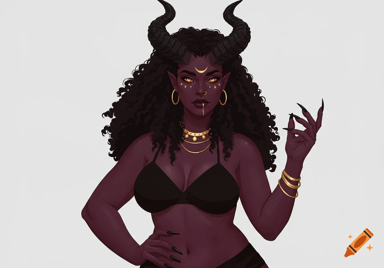 A dark-skinned demoness with black curly hair, horns, golden eyes, long nails, and gold jewelry, wearing a black bikini top.