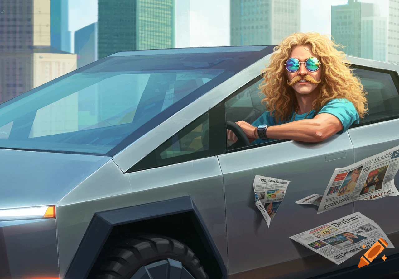 A man with curly blonde hair and a mustache wearing round sunglasses drives a silver Tesla Cybertruck with newspapers stuck to its side in a cityscape.