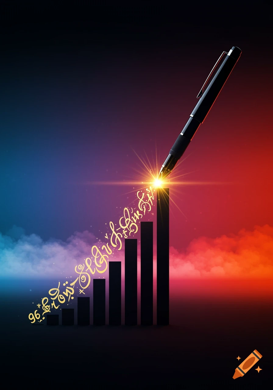A black pen with a glowing tip writes golden, illegible script onto a rising bar graph, set against a blue and red gradient background.