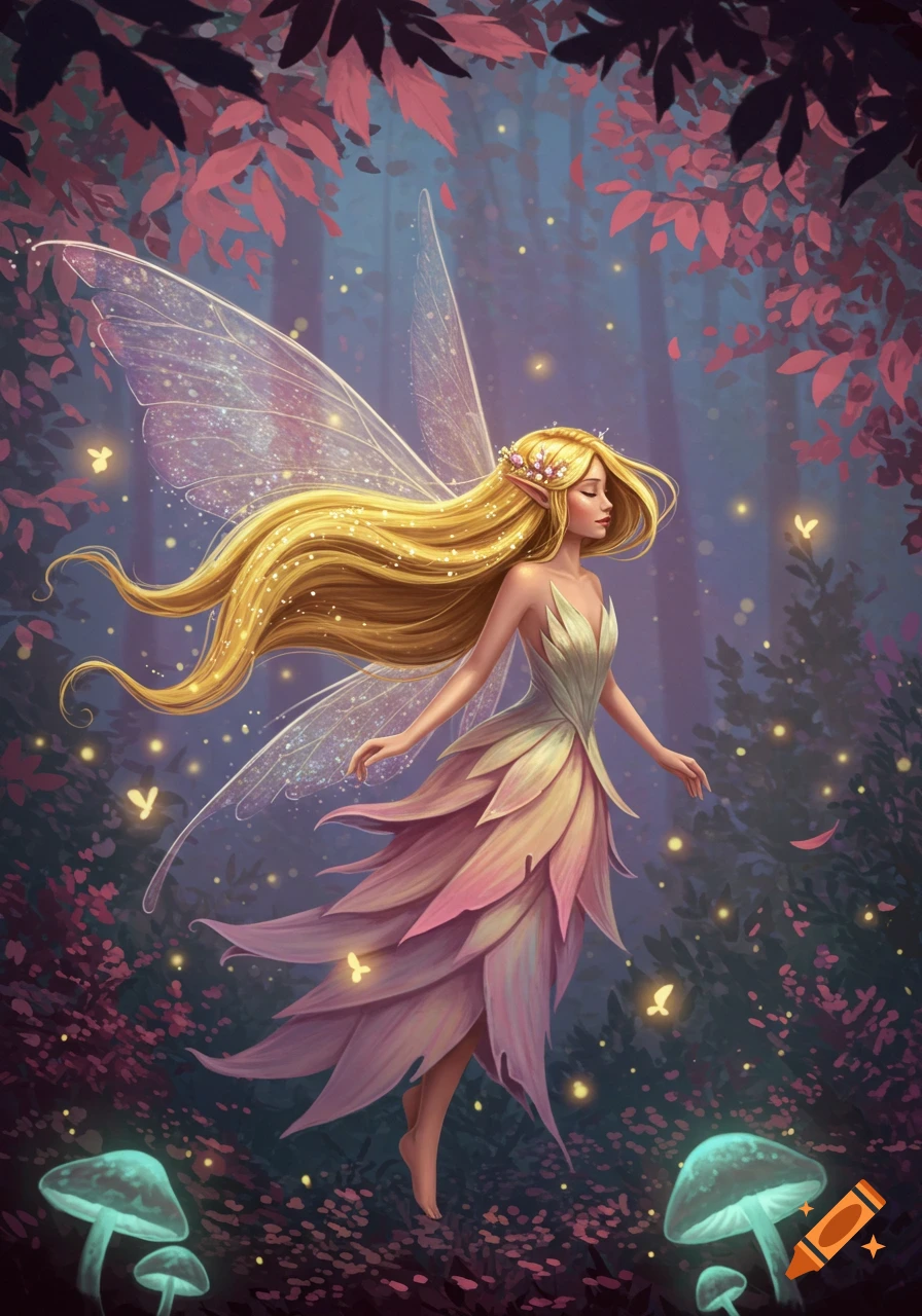 A blonde fairy with iridescent wings and a flowing leaf dress floats in a magical forest with glowing mushrooms and fireflies.