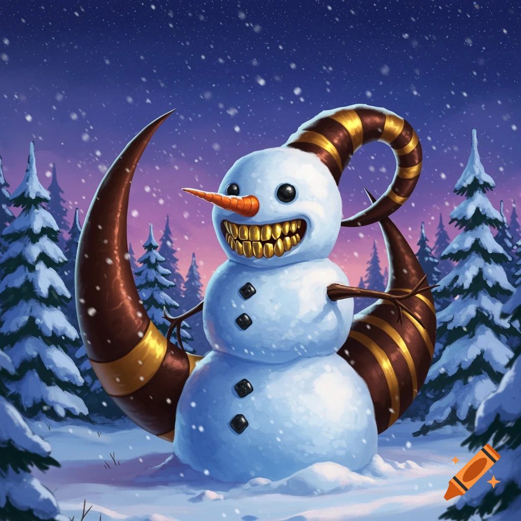 A whimsical snowman with large golden teeth and striped horns in a snowy forest at night, with snow falling.